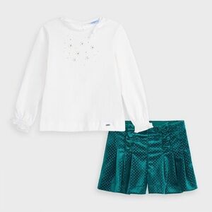 Size 3 Girls Mayoral White Long-Sleeve Top with Teal Velvet Skirt